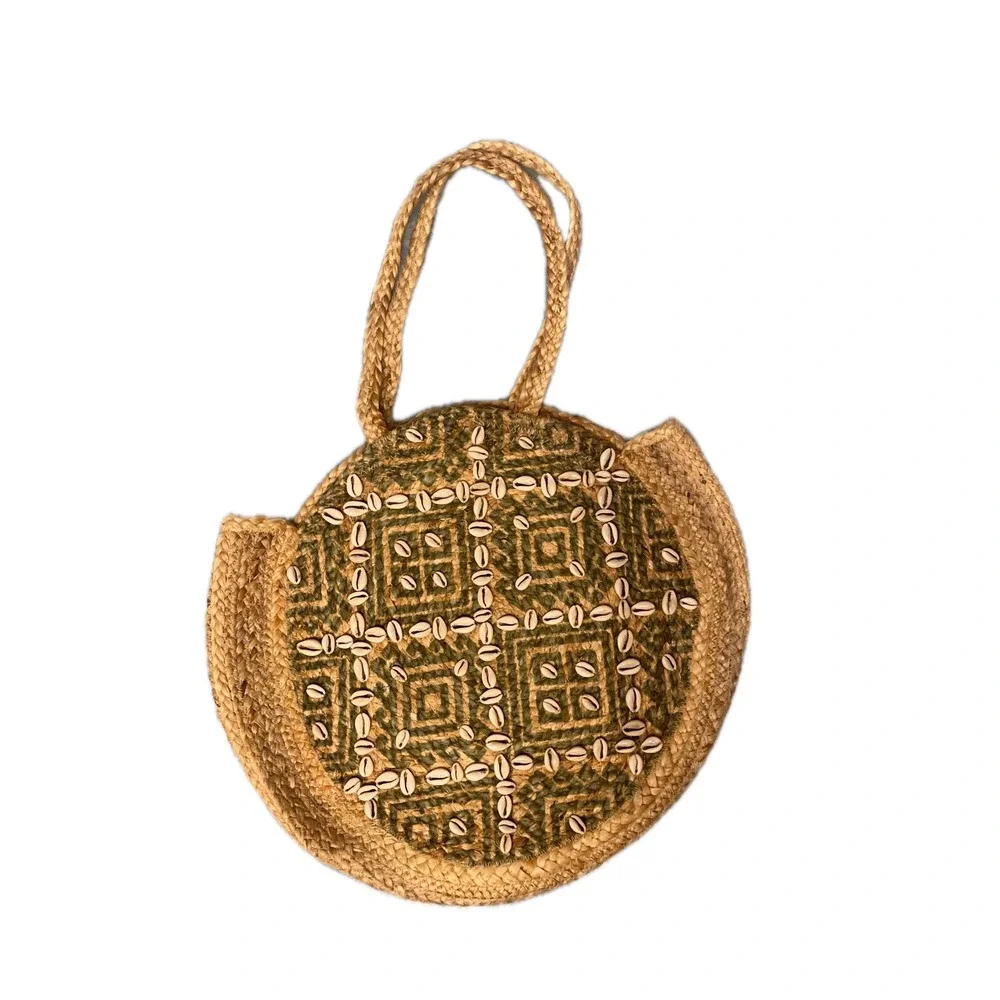 Philia & Agape Round Jute Bag‎ Shells Woven Geometric Pattern Top Handle